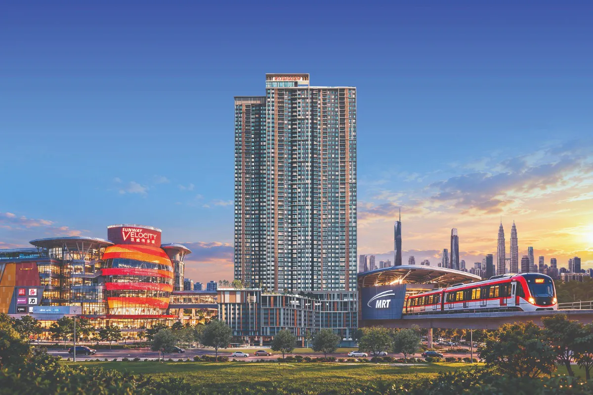 Illustration of residential towers near urban rail connections in Kuala Lumpur