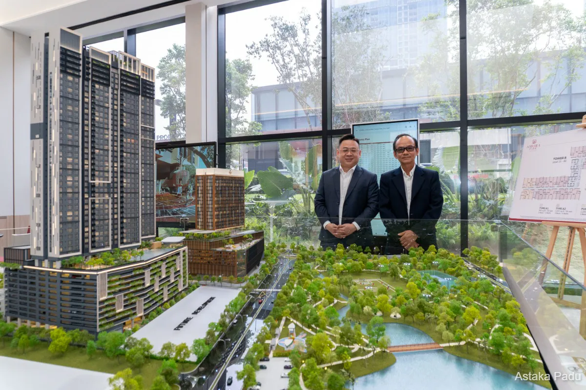 Illustration of residential towers beside an urban park