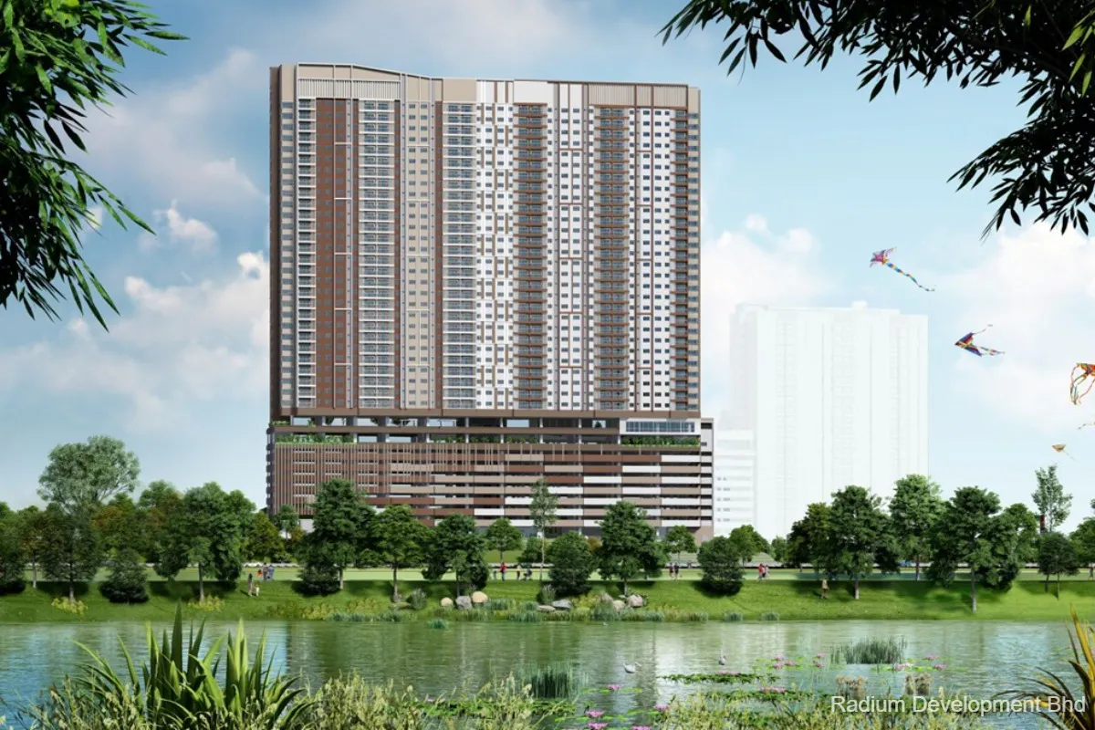 Illustration of residential apartment towers with shared recreational facilities