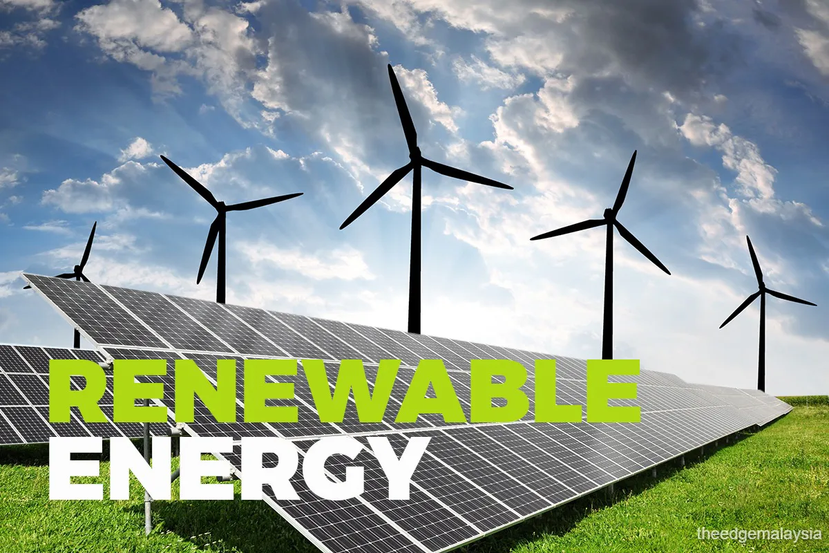 Solar panels and electricity transmission lines illustrating renewable power generation