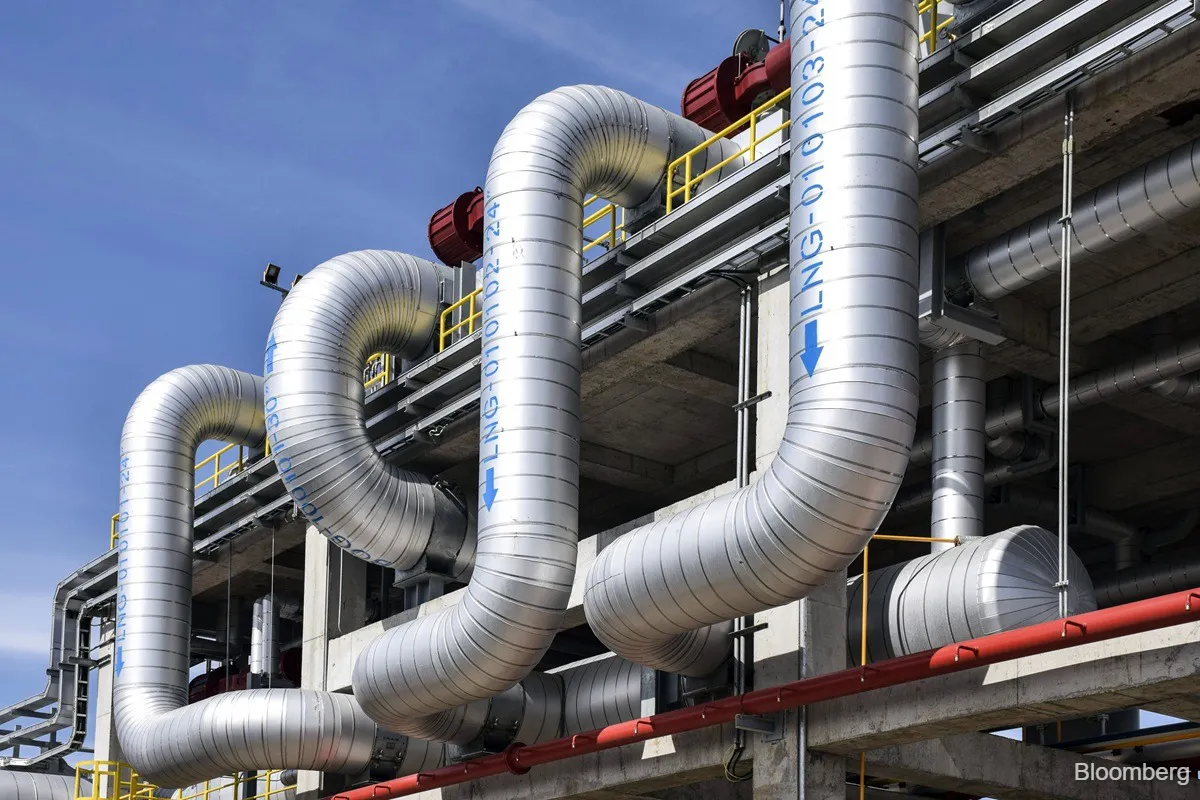 Natural gas storage tanks and pipelines at an industrial facility