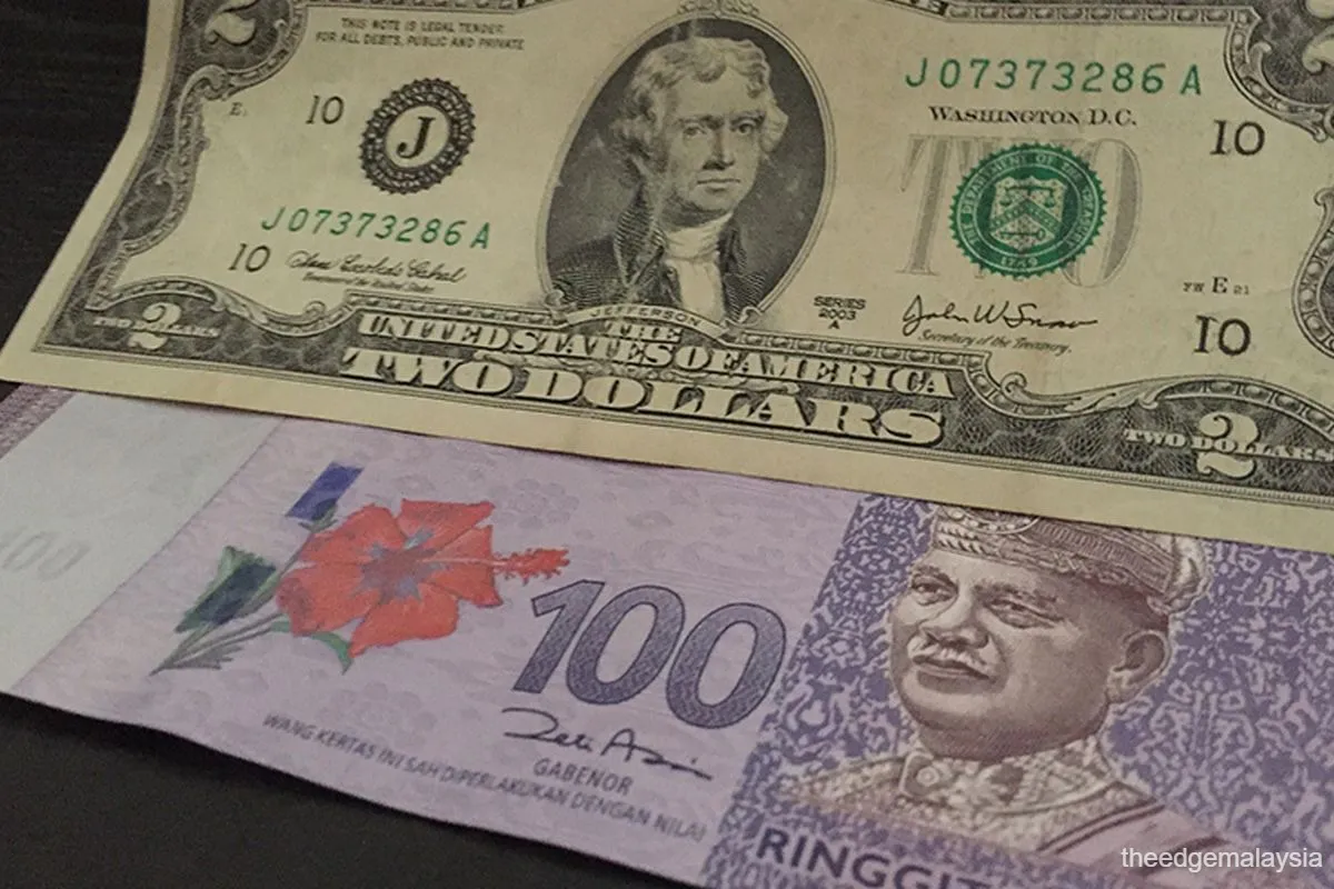 Malaysian ringgit banknotes beside US dollar notes